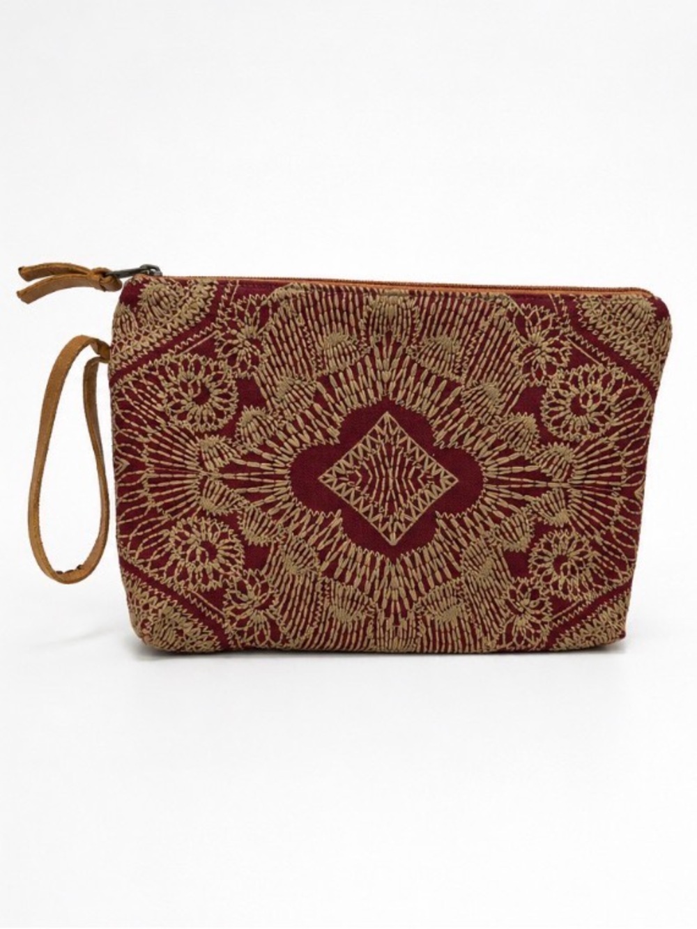 Atenti Lacery Red Embroidered Boho Cosmetic Bag Wristlet Travel Makeup Pouch